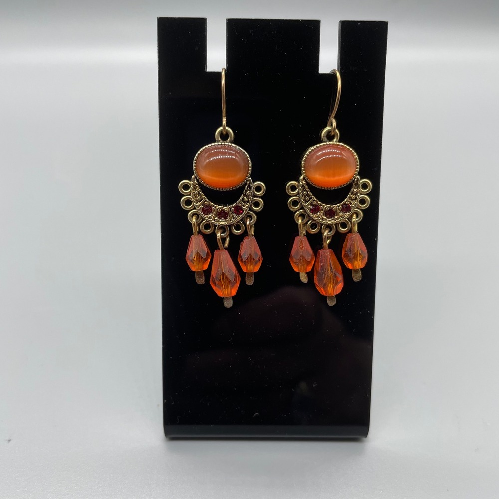 Boho Orange Cabochon Chandelier Earrings Gold Tone Red Rhinestone Dangle Drop